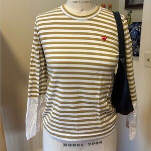 Comme des Garçons Play white + yellow striped long sleeve top with red heart